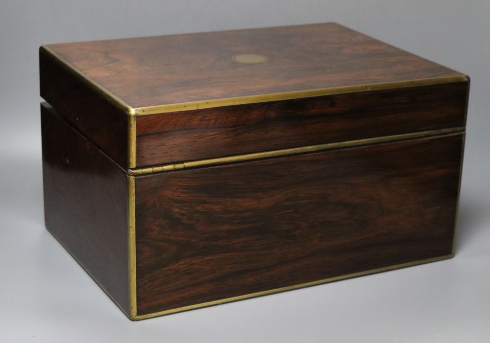 A Regency brass mounted rosewood toilet box, with glass contents and base drawer, width 36cm